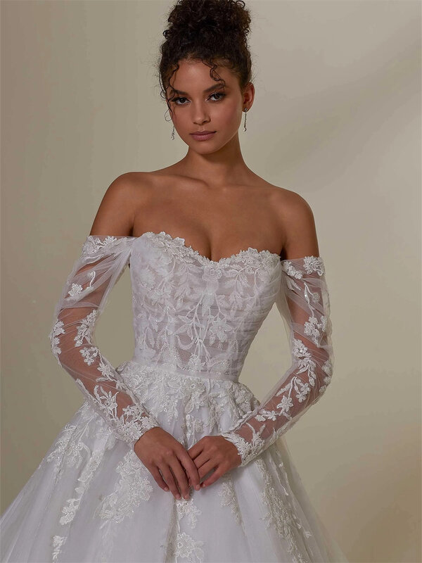 Elegante Applikation Boho Brautkleid anmutige Tüll Brautkleid anmutige schulter freie Braut Robe Vestidos de Novia