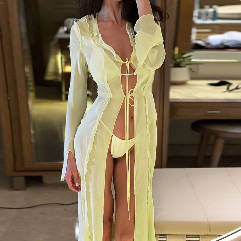 Yiiciovy-섹시한 여성 비키니 커버 업 카디건 드레스, 긴 소매 레이스업 메쉬 시스루 비치웨어, 여름