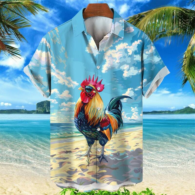 เสื้อฮาวายสำหรับผู้ชาย2024เสื้อพิมพ์ลายกราฟฟิกไก่ชายหาดฤดูร้อนแขนสั้นลาย3D สำหรับ kemeja Aloha unisex แฟชั่นสไตล์ฮาวาย