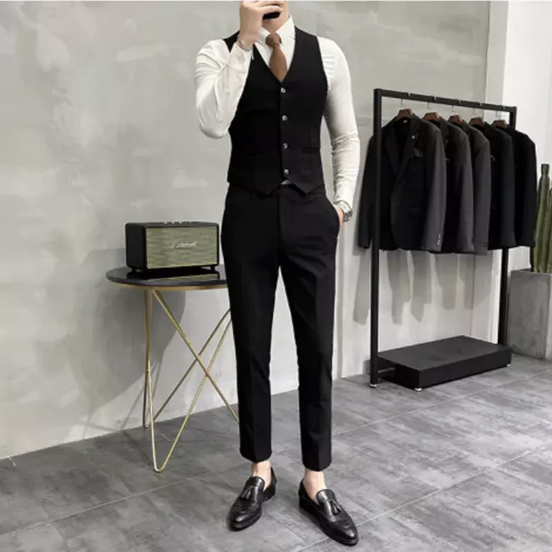 (Jaket + Rompi + Celana) Pakaian Bisnis Kasual Pria Warna Solid Fashion Butik Merek High-End Gaun Pernikahan Pengantin Pria Set 3 Potong