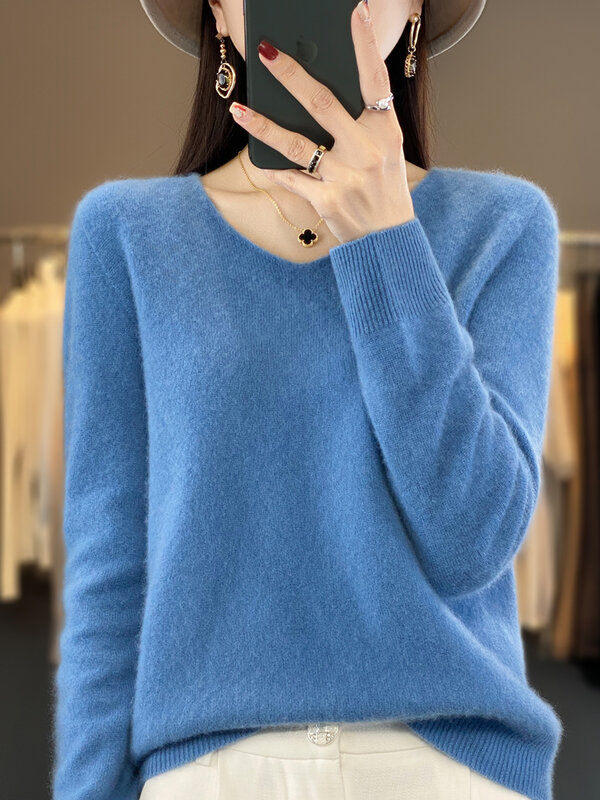 100% lana Merino maglione Cashmere Pullover donna maglieria scollo a v manica lunga autunno inverno moda abbigliamento di base top