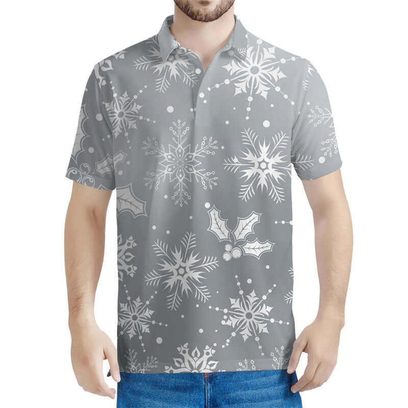 남성용 크리스마스 눈송이 패턴 폴로 셔츠, 3D 프린트 티셔츠, 여름 스트리트웨어, 여성 반팔 상의, 라펠 티셔츠