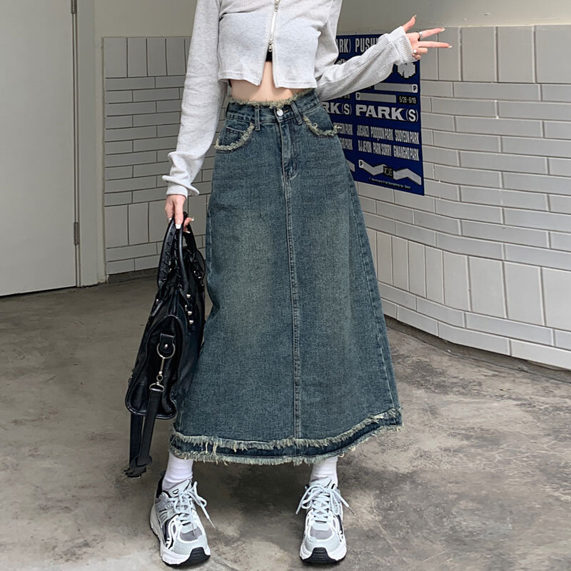 Retro ins style high-waisted denim skirt female package hip a word to cover meat straight long section design half-body skirt