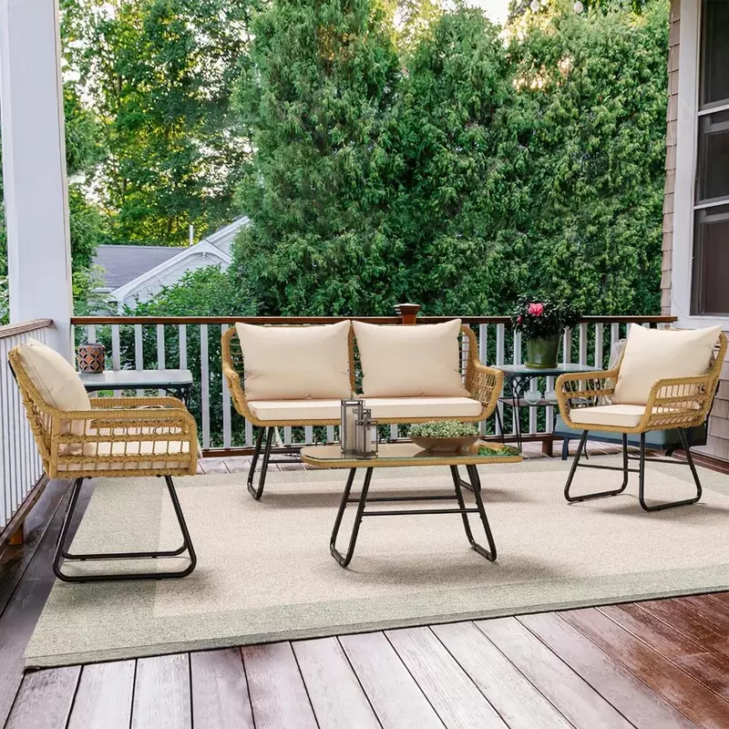 Conjunto de muebles de patio, conjunto de mobiliario de exterior, sillones dobles de ratán para patio trasero, balcón y terraza con tapicería y mesa de metal, 4 piezas