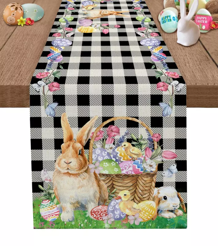 부활절 토끼 계란 오리 꽃 리넨 테이블 러너, 웨딩 장식, 오염 방지 직사각형 식사