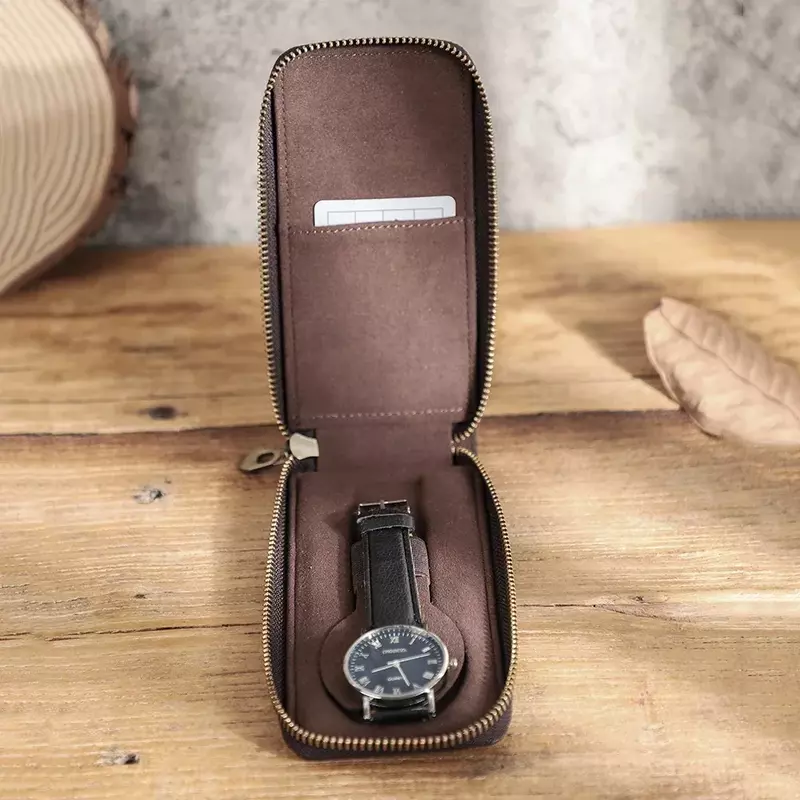 BUW3-caja de almacenamiento de reloj con cremallera para la familia, soporte de cuero nobuk, estuche de transporte para hombres, bolsa organizadora