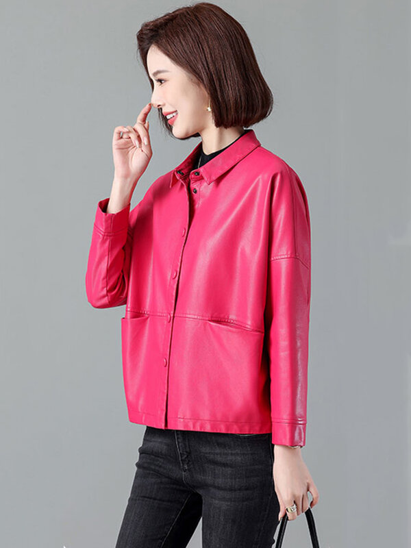 新しい 女性 カジュアルルーズ レザージャケット 春 秋 ファッション 小さなターンダウンカラー シングルブレスト 短い スプリットレザーコート
