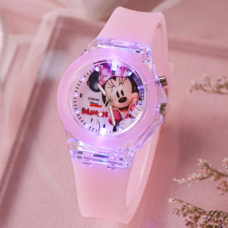 Disney-relojes de Mickey para niños y niñas, fuente de luz de Color, silicona, Elsa, Hello Kitty, regalo para niños, reloj de muñeca femenino