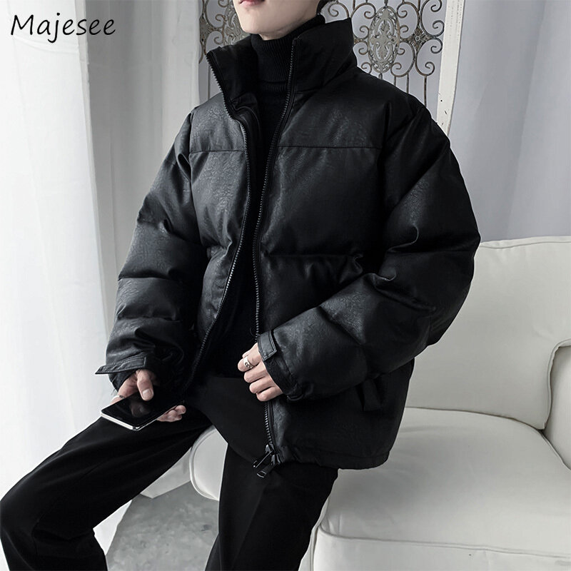 Pu Leather Parkas Men Winter Trendy Loose Korean Thick Stand Collar Fashion Outwear Warm Short Style Pockets Gothic Male Retro
