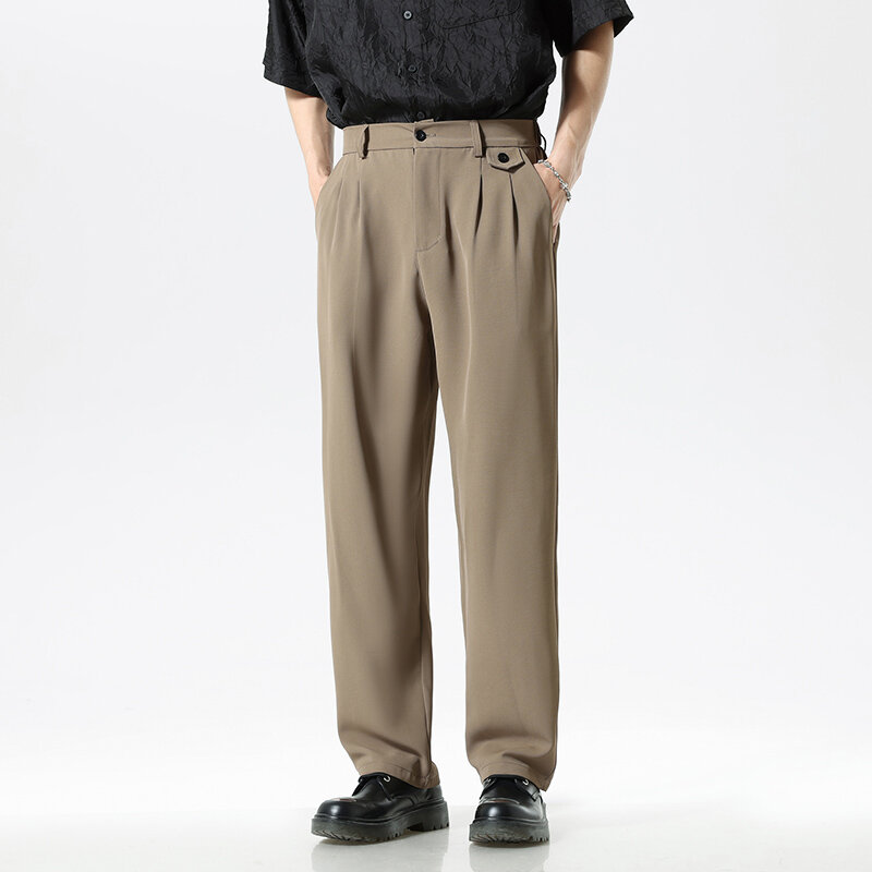 Calça casual masculina solta de terno reto, calça coreana de negócios de lazer, botão mínimo, novo, 2024