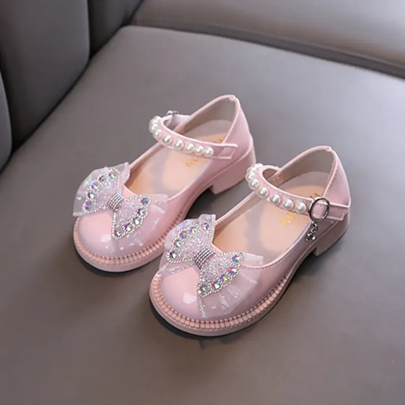 Kids Leather Shoe Spring Autumn New Princess Shoes for Girls Sweet Bowtie Pearl Children Causal Ballet Performance Flat Shoes