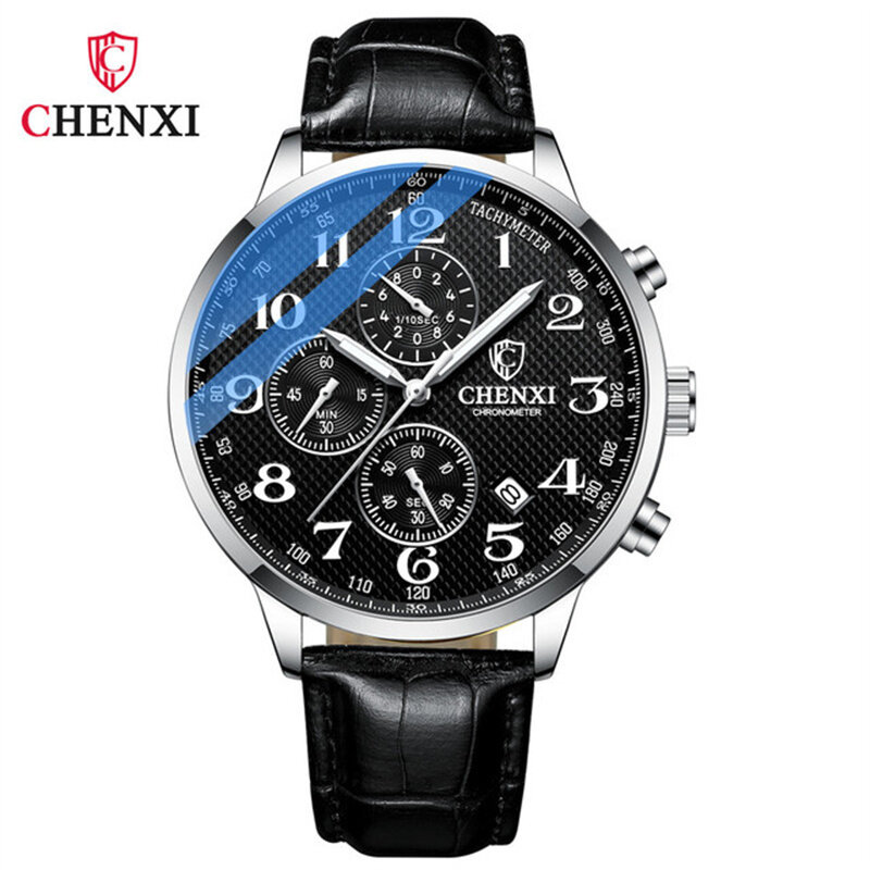 Chenxi 947-男性用腕時計,革,スポーツ,耐水性