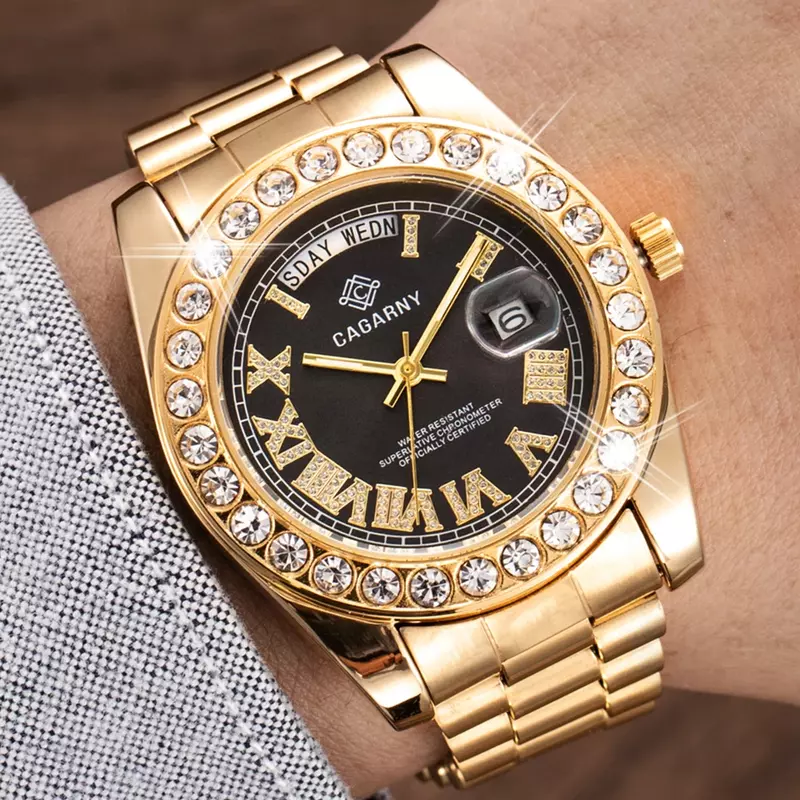 Cagarny-reloj analógico de acero inoxidable para hombre, accesorio de pulsera de cuarzo resistente al agua con diamantes, complemento masculino de marca de lujo con diseño de estilo Hip Hop