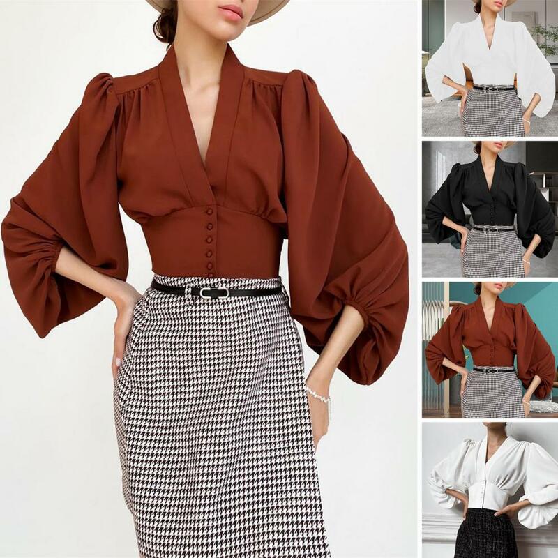 Blusa de manga larga holgada para mujer, Top elástico suave con cuello en V, Color sólido, ropa de primavera y otoño