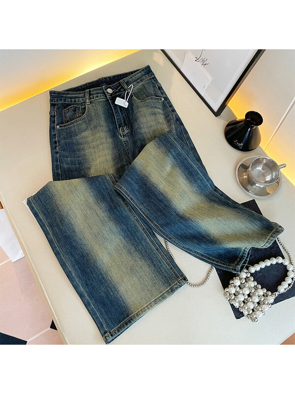 Workowate dżinsy damskie Vintage 2000s Y2k 90s estetyczne Harajuku niebieskie spodnie jeansowe koreańskie wysokie talia szerokie nogawki kowbojskie spodnie ubrania