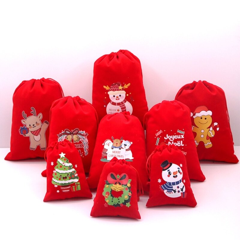 Paquete 10 Uds. Bolsas festivas regalo Navidad, solución almacenamiento reutilizable, bolsas con cordón para regalos