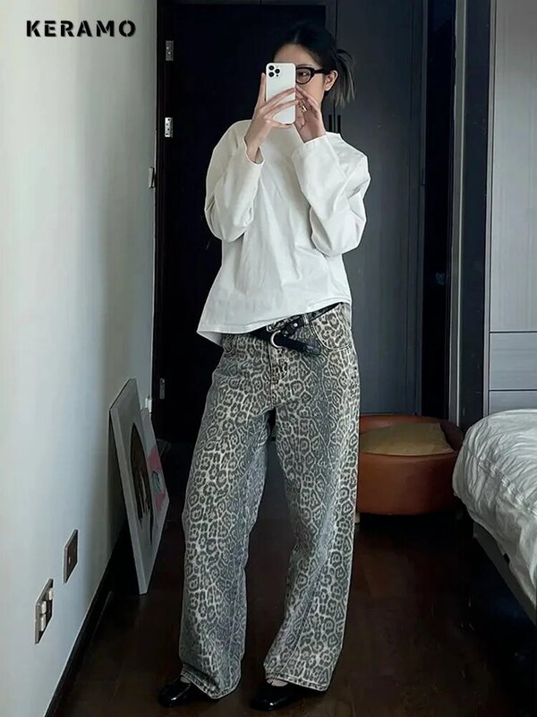 Frau Vintage Leopard Jeans y2k Frühling Herbst einfach lässig übergroße Hose mit weitem Bein Streetwear Hip Hop weibliche lose Hose