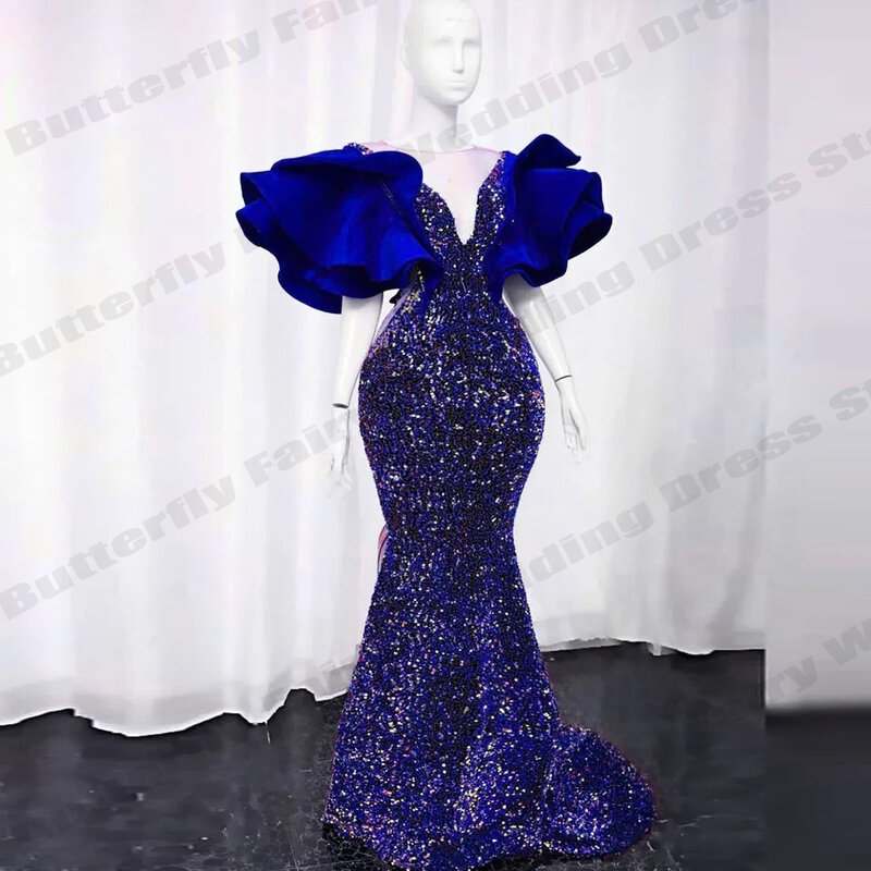 Royal Blue Women's Sexy V-Neck Evening Dresses Mermaid Sparkling Ruffle Edge Princess Prom Gowns Fashion Celebrity 2023 Robe De