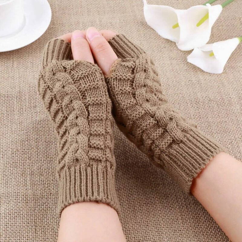 Kobiety stylowe ręcznie ocieplane rękawiczki zimowe ramię szydełka drutach sztuczna wełna rękawiczki ciepłe rękawiczki bez palców Twist wzór rękawiczki damskie