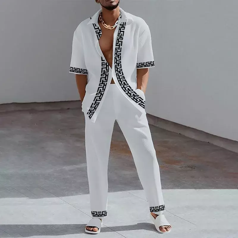 Conjunto de dos piezas con estampado 3D para hombre, camiseta de manga corta con solapa y pantalones, traje informal, ropa de calle, 2023