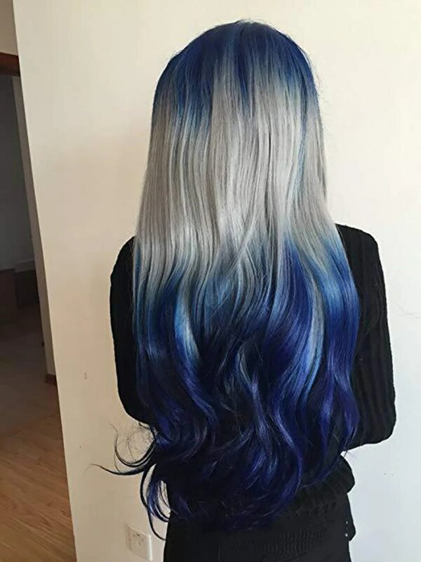 Wig rambut keriting panjang, rambut palsu halus gradien warna biru ungu, semua cocok untuk pesta Cosplay gelombang besar