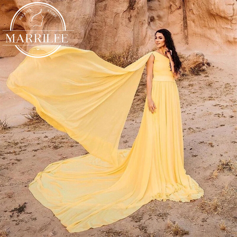 Marrilee Elegant Yellow One Shoulder Evening Dress A-Line Sleeveless Back Lace Up Floor Length Sweep Train Pleat Party Prom Gown