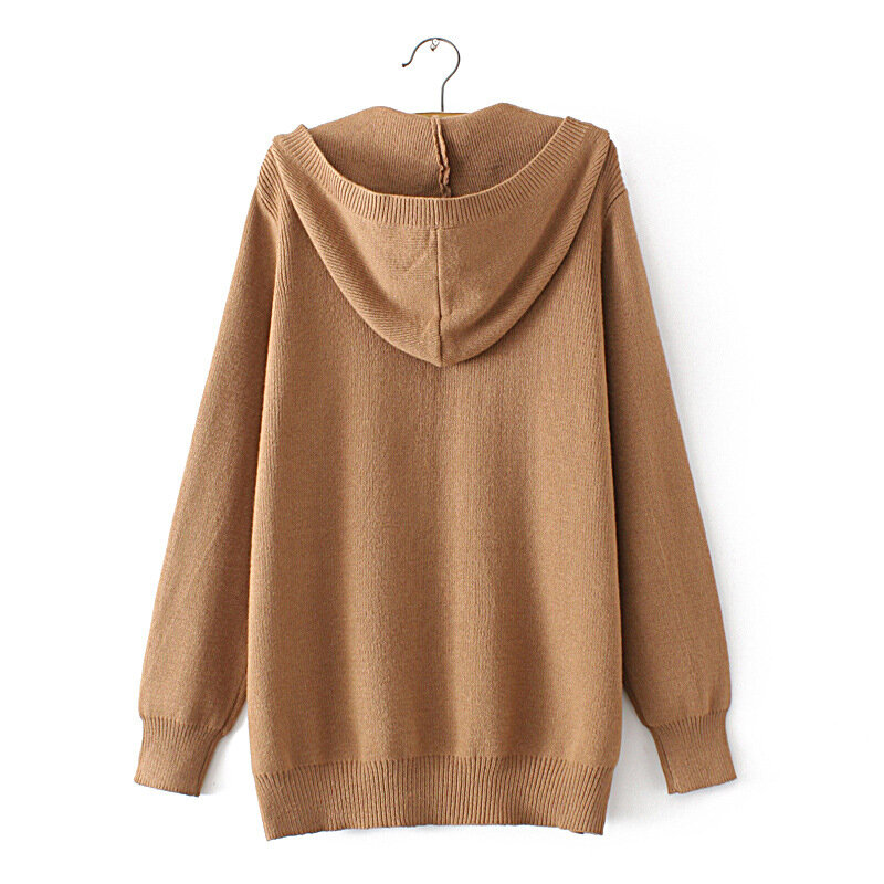 4XL Plus Size Knitted Cardigan Women Autumn Style Simple Pure Color Jumpers Hooded Fashion Long Sleeve Curves Sweater Coat