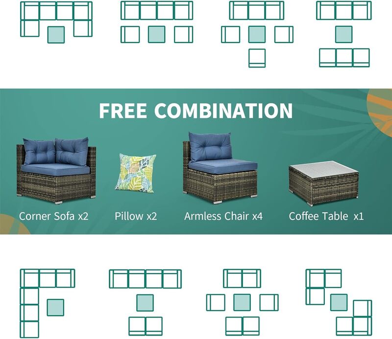 Набор мебели для патио из 7 предметов, уличный комплект для разговора из ПЭ ротанга для любой погоды, плетеный наружный секционный диван с столом
