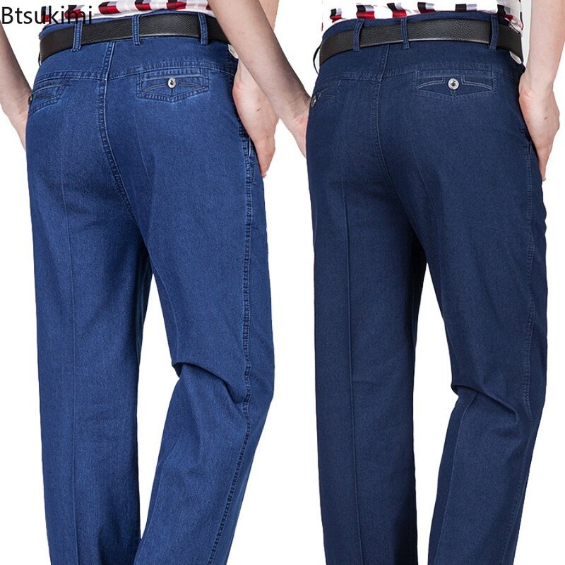 Calça jeans de cintura alta confortável para homens, elástica, casual, stretch, calças jeans masculinas, tamanho grande, 30-42, 2022