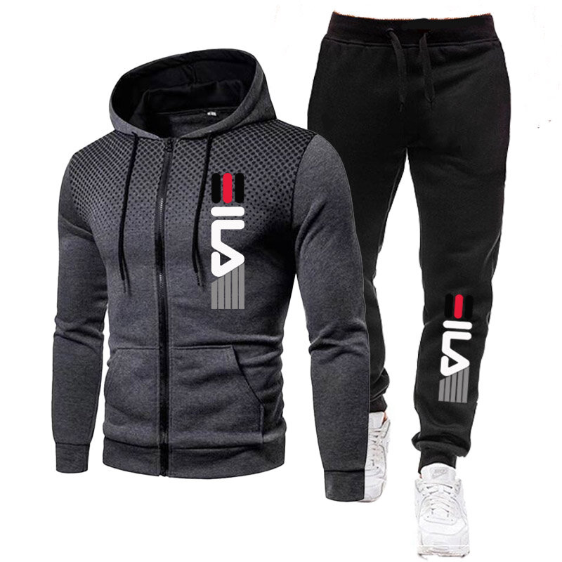 2 Piece Jogger Suits Mens Autumn Long Sleeve Zipper Print Hoody Coat and Long Sweatpants Male Outdoors Sport Tracksuits
