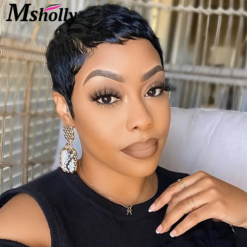 Pixie Cut Wig Short With Bangs Human Hair Wig Wavy Layered Pixie Cut Full Machine Made Wig Glueless Brazilian Remy Wig For Women