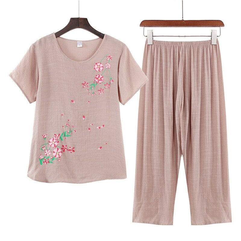 Women Summer Short Sleeved Simple Floral Offset Printed Comfortable And Wearable Home Wear Cropped Pants Suit Bridal Jumpsuit
