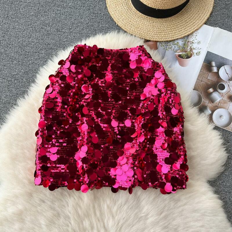 Sparkly High-waisted Skirt Sequin High Waist A-line Club Skirt for Women Shiny Solid Color Sheath Slim Fit Stretchy for Party