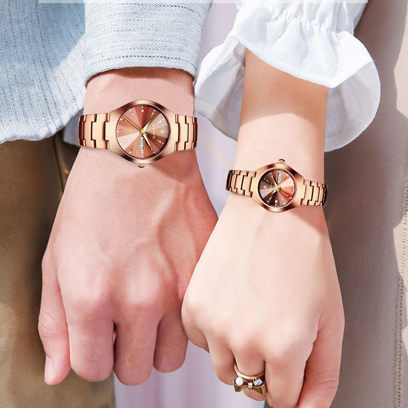 Jam Tangan Pasangan untuk Wanita Pria Jam Tangan Kuarsa Baja Rose Gold Desain Perhiasan Mewah Jam Tangan Modis Kedap Air dengan Kotak