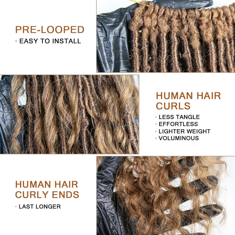 Ganchillo ligero Auburn Boho Locs con rizos de cabello humano, extensiones de trenzas sintéticas preonduladas, cabello trenzado sin nudos, luffywig