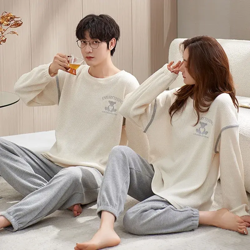 New Couple Pajamas Women's Spring and Autumn Boys and Women's Solid Color Cotton Long-sleeved Home Clothes In Autumn and Winter