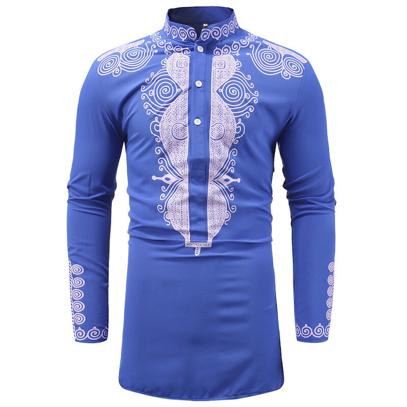 Men tops Autumn Winter Stand Collar Long Sleeve Casual Middle East Style Bronzing Stand Collar Mid-length Shirt African Clothes