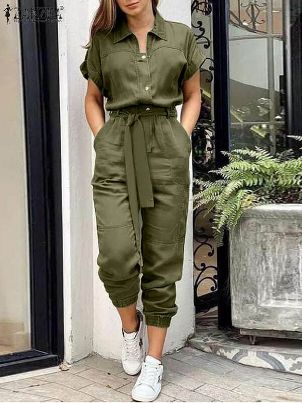ZANZEA Women Overall Summer Fashion Cargo Jumpsuits Lapel Short Sleeve Rompers Elegant Lady Playsuits Vintage Work Pants Belted
