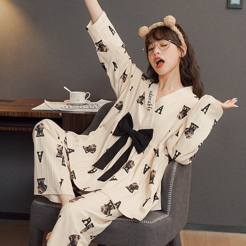 Bows Cute Kimono Cotton Pajamas Set 2 Pieces Suit Sleepwear Spring Autumn Nightwear Women Home Clothes Female loungewear