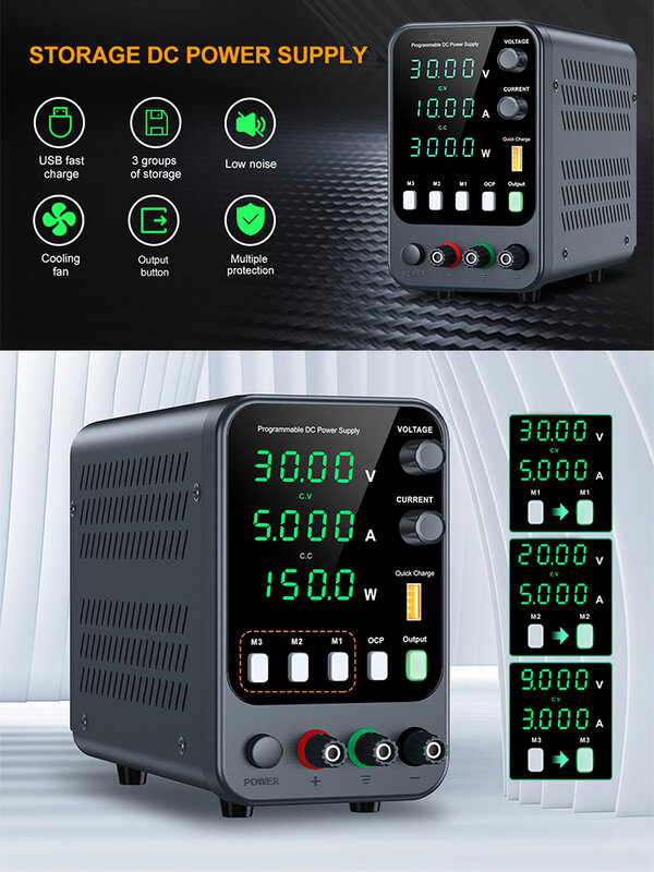 Adjustable DC power supply with 4-digit LED display; 5V/3.6A USB fast charging with 3-group memory with encoder adjustment