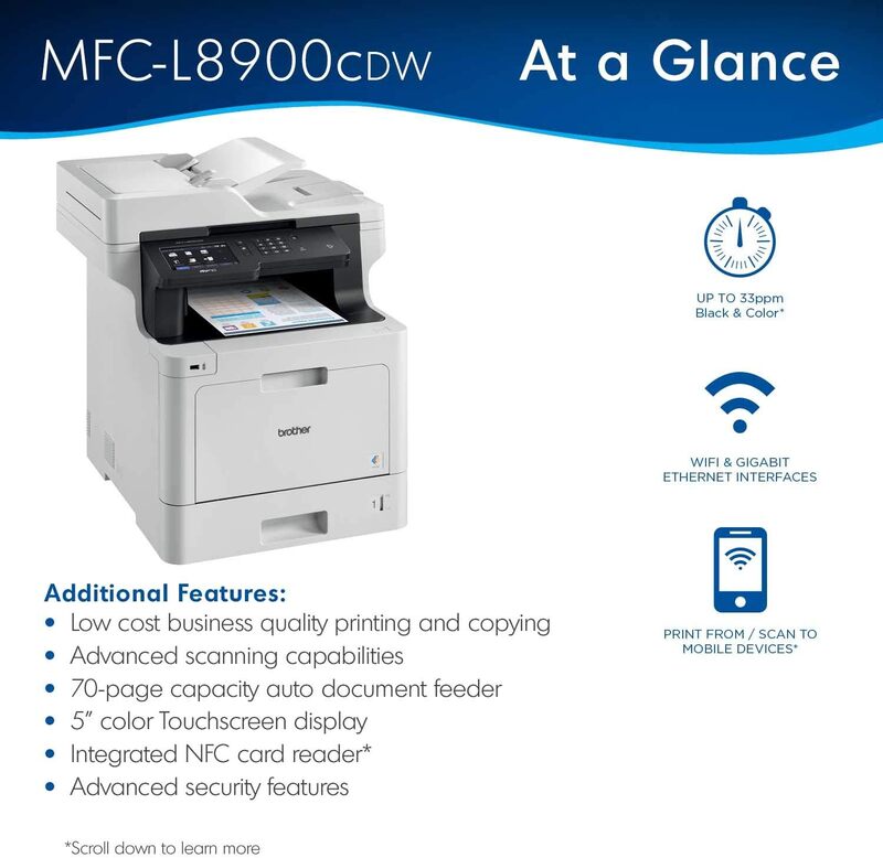 Imprimante laser tout-en-un pour documents d'affaires, écran tactile 7 ", impression/numérisation duplex, sans fil, MFC-L8905CDW