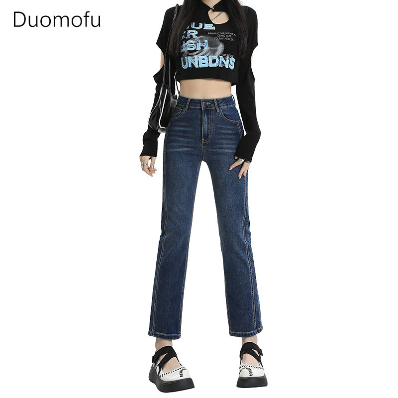 Duomofu Herfst Chicly Hoge Taille Slanke Casual Vrouwen Jeans Koreaanse Basis Mode Rits Knop Eenvoudige Klassieke Rechte Vrouwelijke Jeans