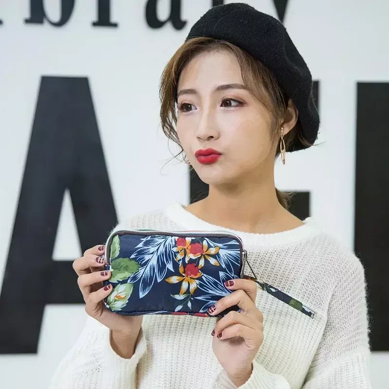 Borsa da donna in tela stampata a tre strati portafoglio lungo da donna borsa portamonete con chiave di maggiore capacità borsa impermeabile portatile
