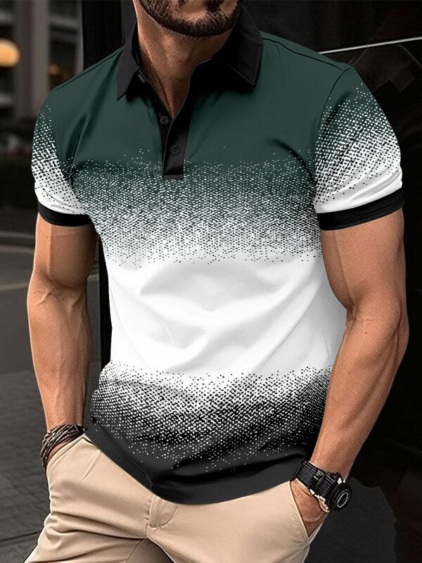남성용 여름 패션 프린트 반팔 라펠 폴로 셔츠, 캐주얼 스포츠 단추 폴로 셔츠, 2024