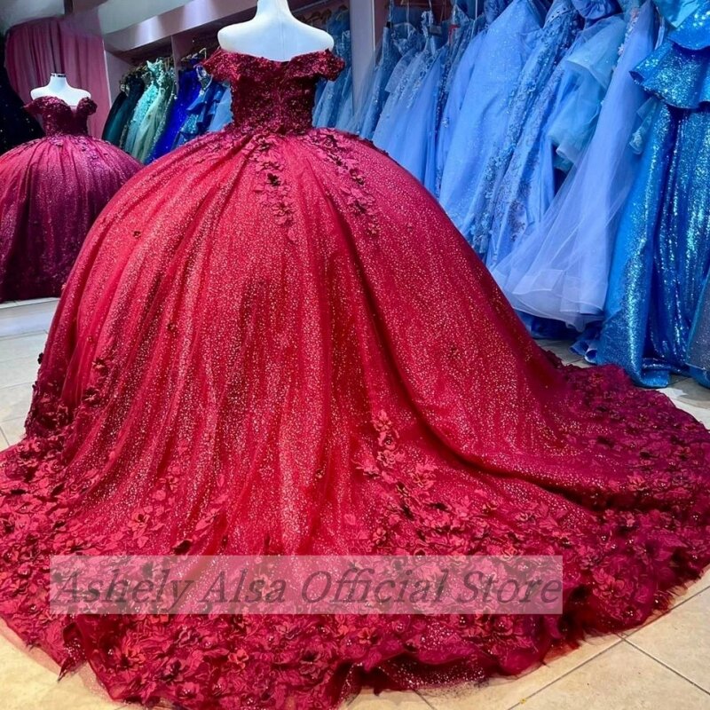 Abiti Quinceanera bordeaux arabo saudita con spalle scoperte gonna a sfera floreale 3D Vestido De 15 16 Anos ragazza festa di compleanno abito da ballo