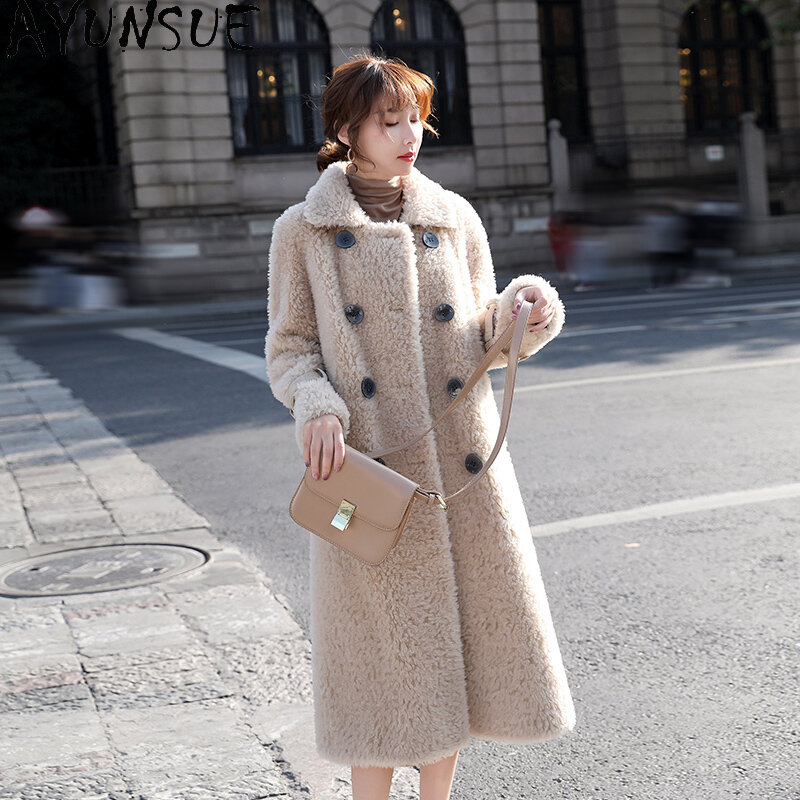 AYUNSUE-Chaqueta de lana para mujer, de longitud media abrigo de piel, elegante, ropa de moda para otoño e invierno, 30%, 2023
