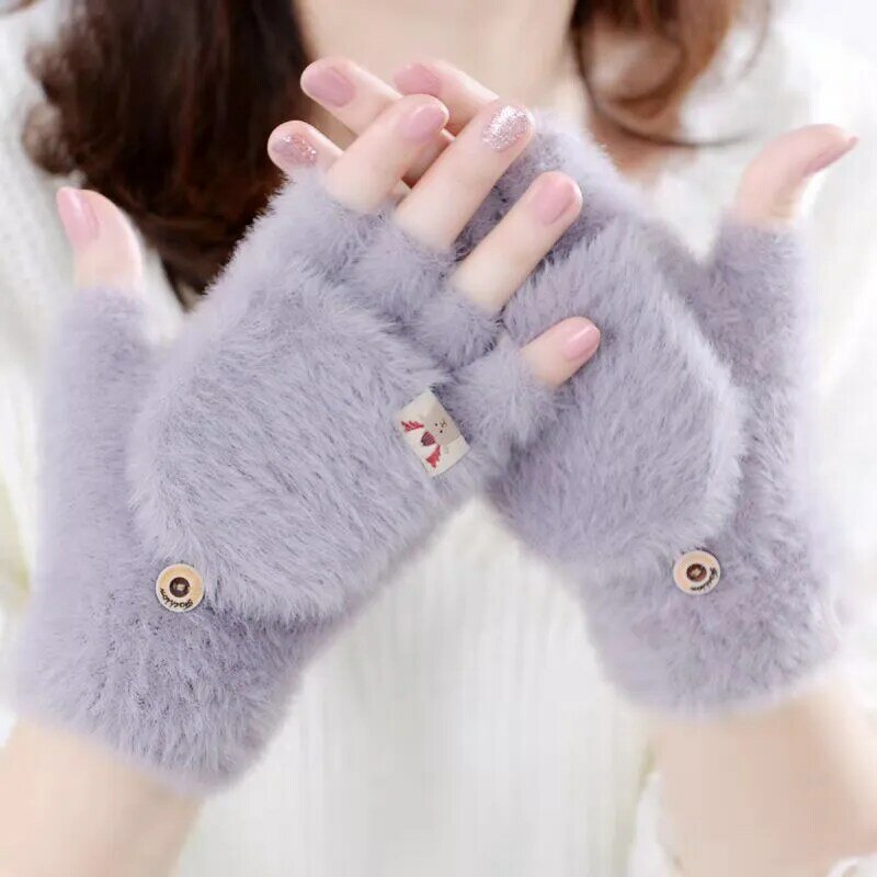 เลียนแบบ Mink ถุงมือ Fingerless Flip Mittens ฤดูหนาว Warm Wool ถุงมือครึ่งนิ้วฝาครอบถักการ์ตูนเยาวชนผู้หญิง T149