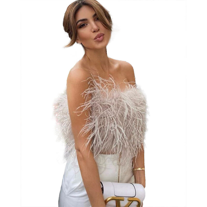 2023 Furry Crop Top Camis Women Natural Ostrich Feather Tank Tunic Vest Sleeveless Bra Club Party Female Tube Cropped Tops Wrap