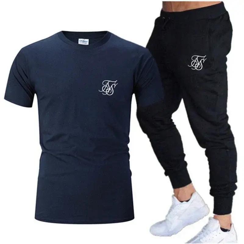 Мужской спортивный костюм из футболки и брюк, повседневный комплект из 2 предметов, Спортивная брендовая одежда для фитнеса, лето 2024