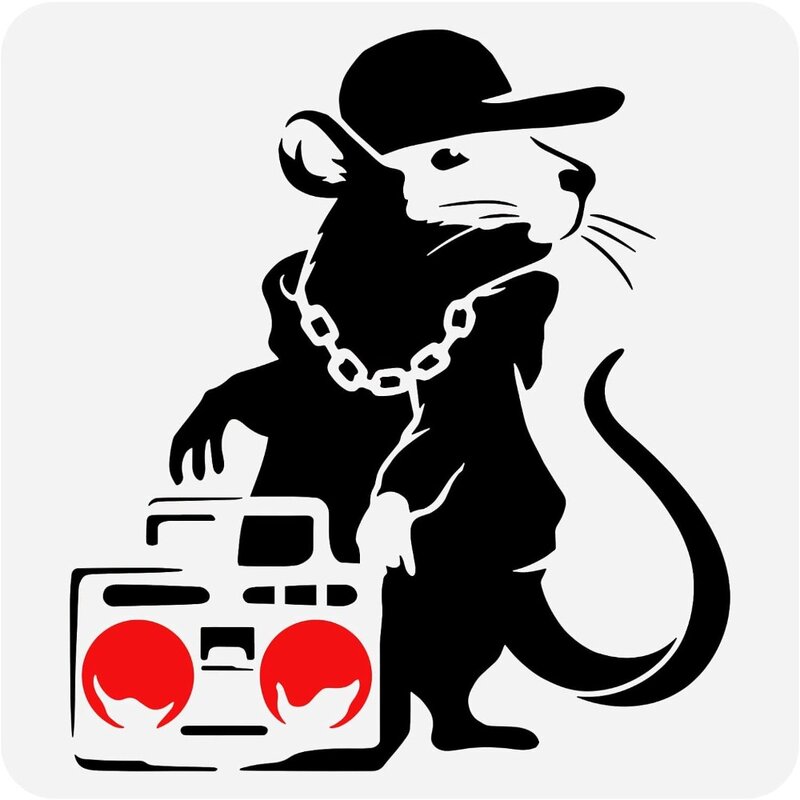 Hip Hop Rat Stencil, estêncil reutilizável, DIY Arte Rádios e Mouse Template Pintura, Banksy Tema, 11,8x11,8"